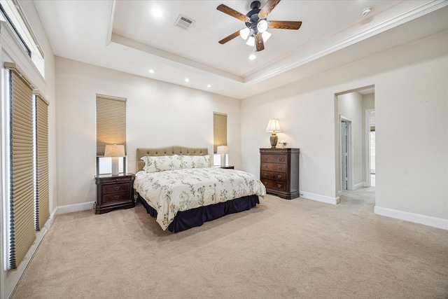 961 Queen Annes Rd, Houston, TX 77024 - bedroom featuring light colored carpet, recessed lighting, a closet, a tray ceiling, and ceiling fan