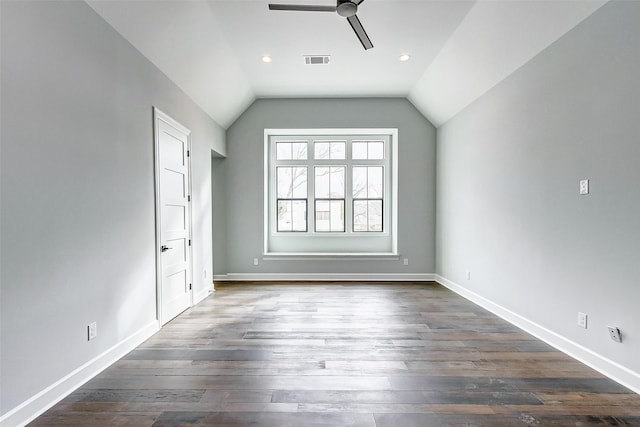 6522 Westview Dr, Houston, TX 77055 - unfurnished bedroom with dark wood-type flooring, vaulted ceiling, recessed lighting, and a ceiling fan