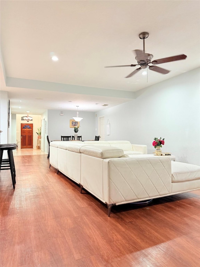 14022 Blackfoot Trail Run, Cypress, TX 77429 - living room featuring wood finished floors, recessed lighting, and ceiling fan