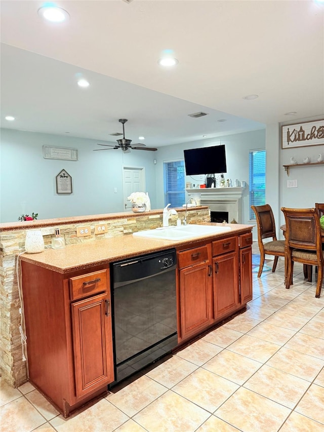 14022 Blackfoot Trail Run, Cypress, TX 77429 - kitchen featuring dishwasher, light tile patterned floors, recessed lighting, and brown cabinetry