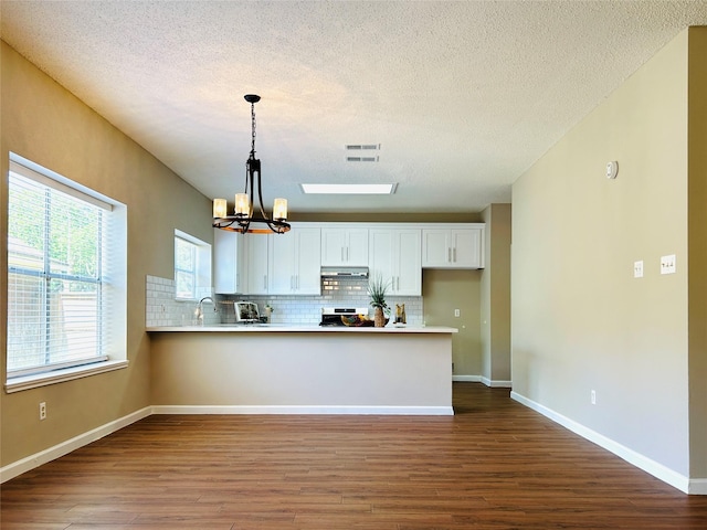 2802 Grants River Cir, Sugar Land, TX 77479 - kitchen featuring under cabinet range hood, dark wood-type flooring, decorative backsplash, white cabinets, and a peninsula