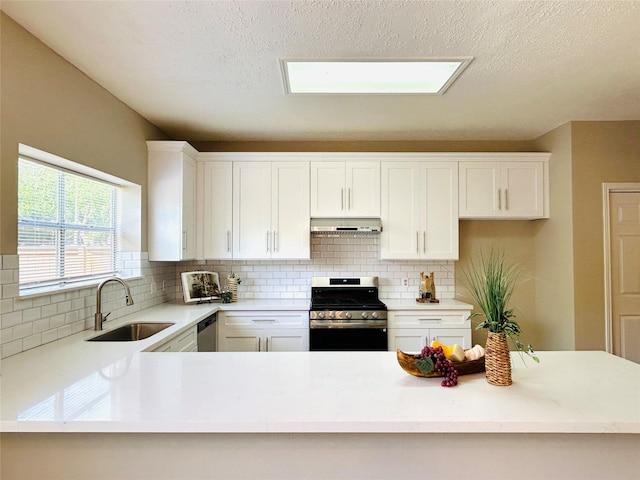 2802 Grants River Cir, Sugar Land, TX 77479 - kitchen featuring appliances with stainless steel finishes, range hood, decorative backsplash, light countertops, and a textured ceiling