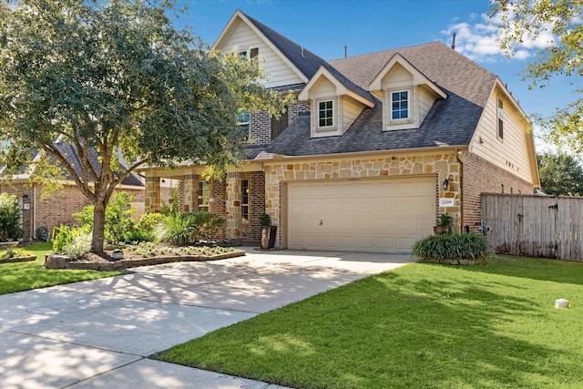 2209 Valley Blossum Ln, League City, TX 77573 - view of front of home with concrete driveway, an attached garage, brick siding, stone siding, and roof with shingles