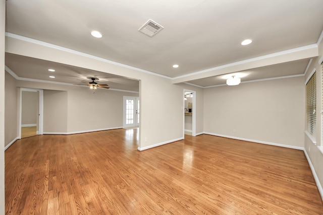 2215 Gardenia Dr, Houston, TX 77018 - unfurnished living room with a ceiling fan, light wood-style floors, ornamental molding, and recessed lighting