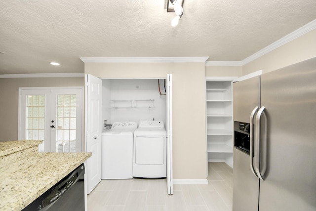 2215 Gardenia Dr, Houston, TX 77018 - laundry room featuring separate washer and dryer, ornamental molding, recessed lighting, and a textured ceiling