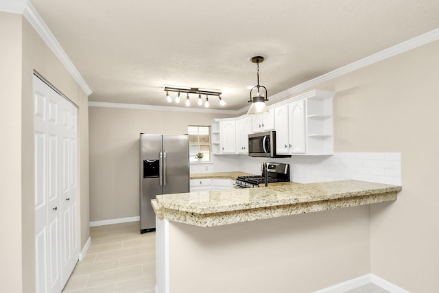 2215 Gardenia Dr, Houston, TX 77018 - kitchen featuring open shelves, stainless steel appliances, a peninsula, crown molding, and white cabinetry