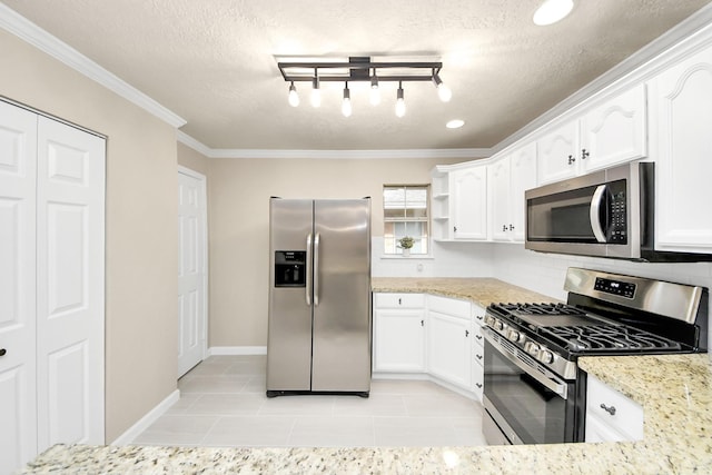 2215 Gardenia Dr, Houston, TX 77018 - kitchen with appliances with stainless steel finishes, open shelves, a textured ceiling, white cabinets, and crown molding
