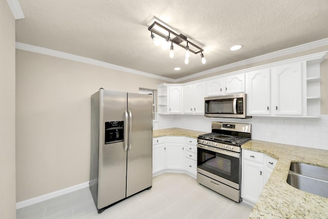 2215 Gardenia Dr, Houston, TX 77018 - kitchen featuring open shelves, appliances with stainless steel finishes, white cabinetry, ornamental molding, and light stone countertops