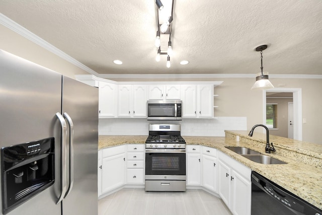 2215 Gardenia Dr, Houston, TX 77018 - kitchen featuring stainless steel appliances, open shelves, white cabinets, a textured ceiling, and recessed lighting