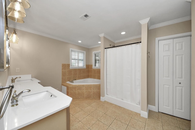 2215 Gardenia Dr, Houston, TX 77018 - full bathroom featuring tile patterned flooring, double vanity, a shower with curtain, a bath, and a closet