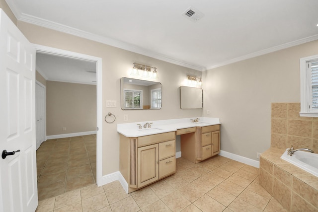 2215 Gardenia Dr, Houston, TX 77018 - bathroom with double vanity, tile patterned flooring, a garden tub, and crown molding