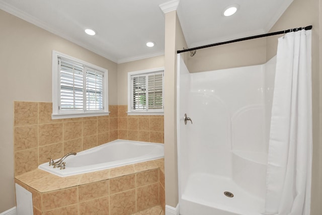 2215 Gardenia Dr, Houston, TX 77018 - bathroom featuring a garden tub, crown molding, a shower with shower curtain, and recessed lighting