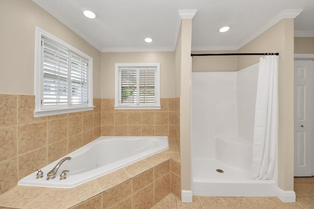 2215 Gardenia Dr, Houston, TX 77018 - bathroom featuring a garden tub, tile patterned flooring, ornamental molding, a shower with curtain, and recessed lighting