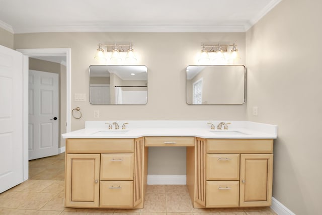 2215 Gardenia Dr, Houston, TX 77018 - bathroom with double vanity, ornamental molding, and tile patterned flooring