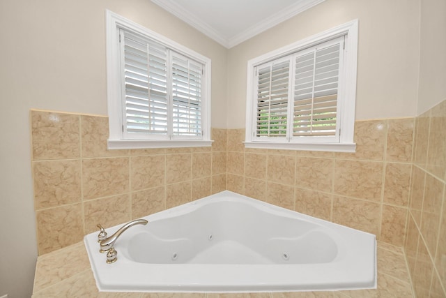 2215 Gardenia Dr, Houston, TX 77018 - bathroom featuring a jetted tub and crown molding