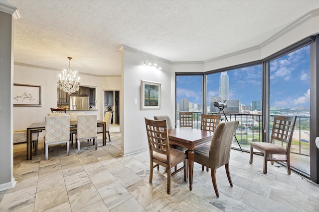 3350 Mccue Rd Unit 1504, Houston, TX 77056 - dining area with ornamental molding, a chandelier, a view of city, and a textured ceiling