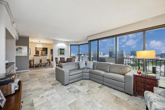 3350 Mccue Rd Unit 1504, Houston, TX 77056 - living area with a view of city, a chandelier, ornamental molding, and a textured ceiling