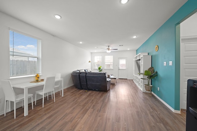 5958 First Blush Dr, Katy, TX 77493 - living area featuring wood finished floors, ceiling fan, and recessed lighting