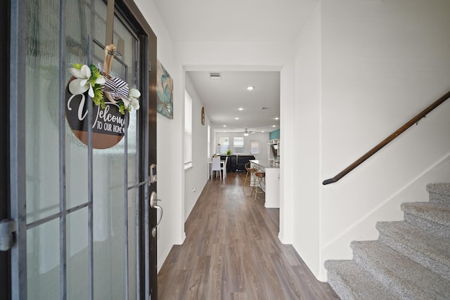 5958 First Blush Dr, Katy, TX 77493 - foyer with dark wood finished floors, stairs, recessed lighting, and a ceiling fan