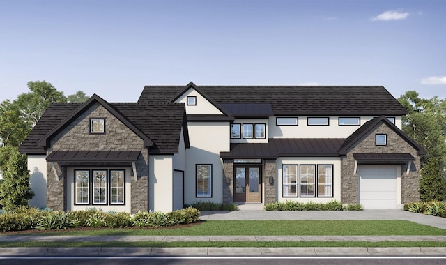 18326 Symons Branch Ct, Cypress, TX 77433 - view of front of home featuring stone siding, a standing seam roof, driveway, a metal roof, and french doors