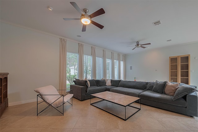 11914 Ashmead Dr, Houston, TX 77077 - living room featuring a ceiling fan, crown molding, and light tile patterned floors