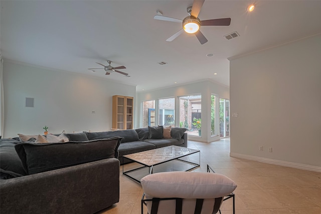 11914 Ashmead Dr, Houston, TX 77077 - living room with ornamental molding, a ceiling fan, light tile patterned flooring, and recessed lighting