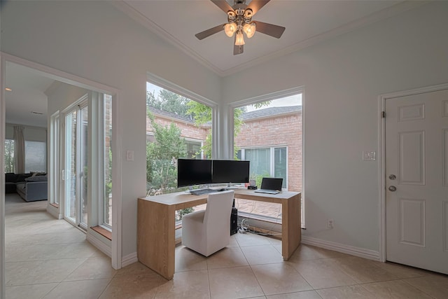 11914 Ashmead Dr, Houston, TX 77077 - office area featuring light tile patterned floors, plenty of natural light, ornamental molding, and a ceiling fan