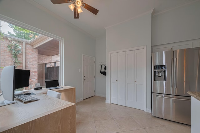 11914 Ashmead Dr, Houston, TX 77077 - office area with crown molding, light tile patterned floors, a skylight, and ceiling fan