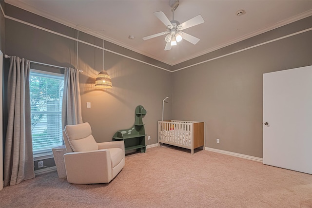 11914 Ashmead Dr, Houston, TX 77077 - bedroom with carpet, crown molding, a nursery area, and ceiling fan