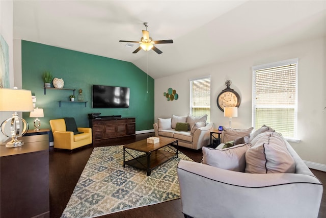9906 Deborah Colony Ln, Humble, TX 77396 - living area with ceiling fan, vaulted ceiling, and wood finished floors