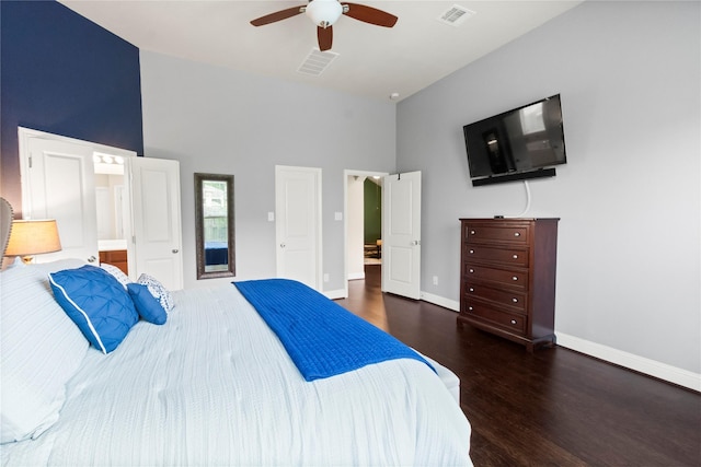 9906 Deborah Colony Ln, Humble, TX 77396 - bedroom featuring high vaulted ceiling, wood finished floors, and a ceiling fan