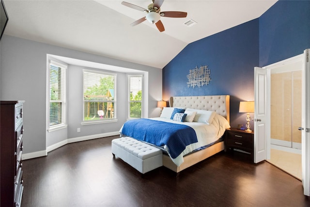 9906 Deborah Colony Ln, Humble, TX 77396 - bedroom featuring dark wood-style flooring, lofted ceiling, and ceiling fan