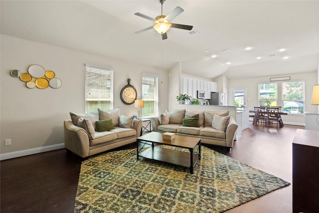 9906 Deborah Colony Ln, Humble, TX 77396 - living area featuring dark wood-style floors, a ceiling fan, lofted ceiling, and recessed lighting