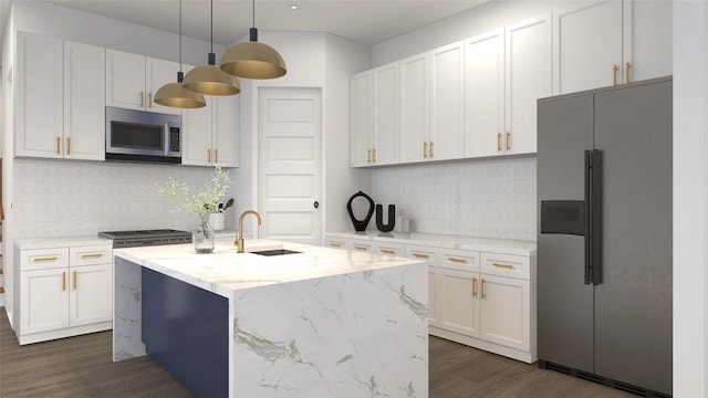 2720 Spence Rd, Houston, TX 77093 - kitchen featuring appliances with stainless steel finishes, dark wood finished floors, decorative backsplash, white cabinetry, and recessed lighting