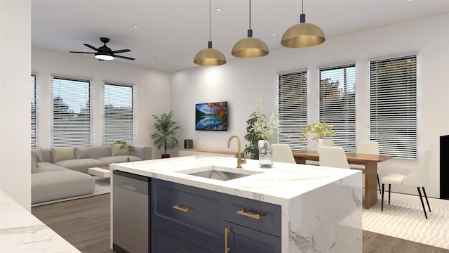 2720 Spence Rd, Houston, TX 77093 - kitchen with stainless steel dishwasher, open floor plan, pendant lighting, light stone countertops, and a ceiling fan