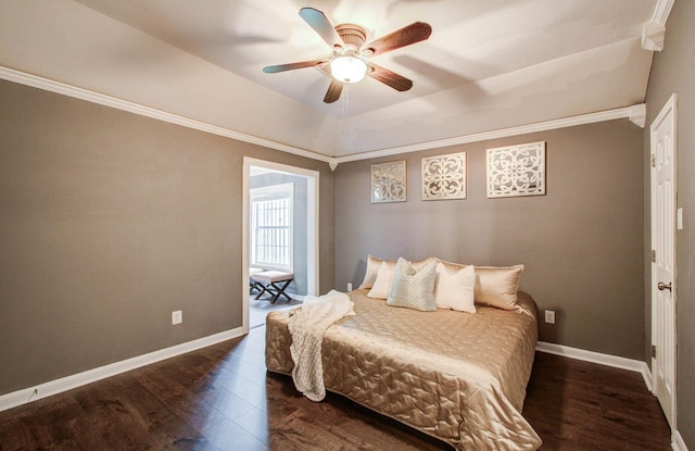 2516 Vaughn St, Houston, TX 77093 - bedroom with wood finished floors, crown molding, a tray ceiling, and ceiling fan
