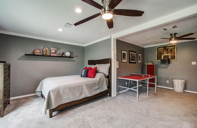 2516 Vaughn St, Houston, TX 77093 - bedroom with carpet flooring, ornamental molding, recessed lighting, and ceiling fan