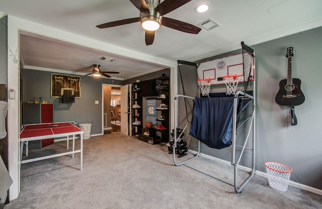 2516 Vaughn St, Houston, TX 77093 - rec room featuring ceiling fan, crown molding, and carpet