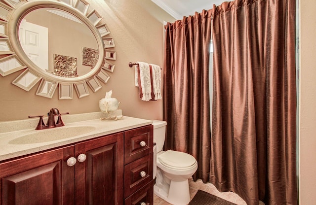2516 Vaughn St, Houston, TX 77093 - full bathroom featuring vanity, tile patterned floors, ornamental molding, and curtained shower