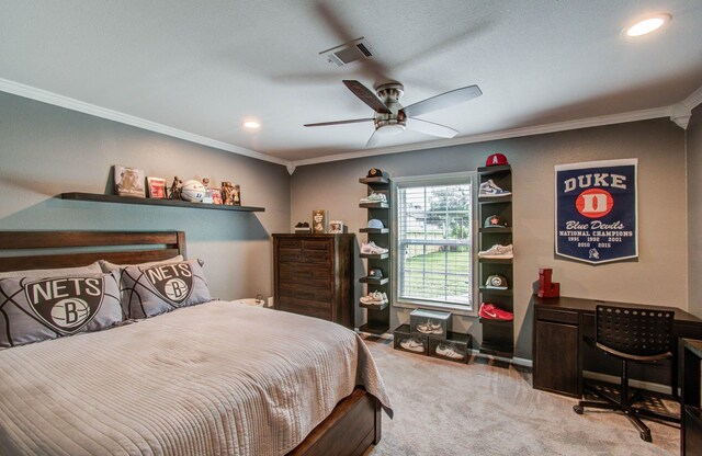 2516 Vaughn St, Houston, TX 77093 - bedroom with light carpet, ornamental molding, recessed lighting, a ceiling fan, and a desk