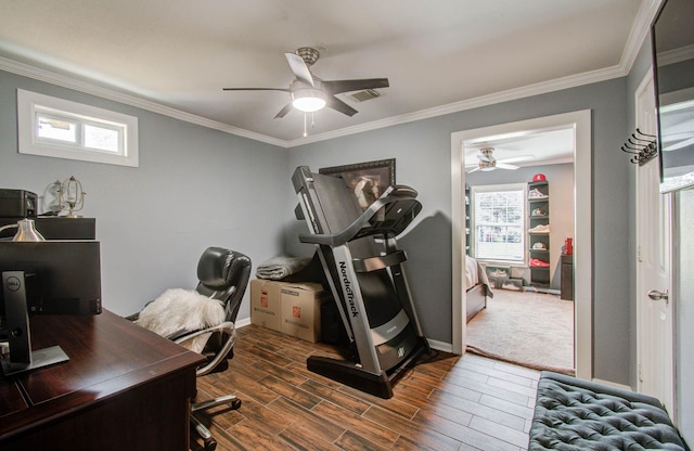 2516 Vaughn St, Houston, TX 77093 - home office with a ceiling fan, crown molding, and wood finished floors