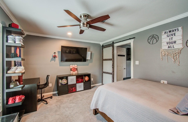 2516 Vaughn St, Houston, TX 77093 - bedroom with a barn door, crown molding, carpet flooring, and ceiling fan