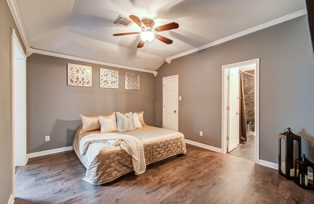 2516 Vaughn St, Houston, TX 77093 - bedroom featuring crown molding, wood finished floors, lofted ceiling, ceiling fan, and ensuite bath