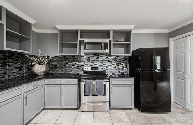 2516 Vaughn St, Houston, TX 77093 - kitchen with open shelves, appliances with stainless steel finishes, crown molding, tasteful backsplash, and light tile patterned floors