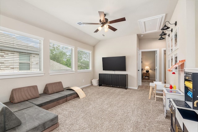 7906 Pershing Ave, Magnolia, TX 77354 - living area with attic access, ceiling fan, and carpet flooring
