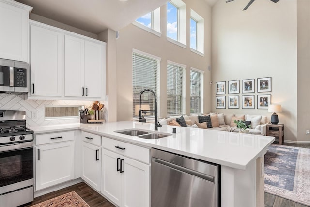 7906 Pershing Ave, Magnolia, TX 77354 - kitchen featuring stainless steel appliances, dark wood-type flooring, a peninsula, light countertops, and a towering ceiling