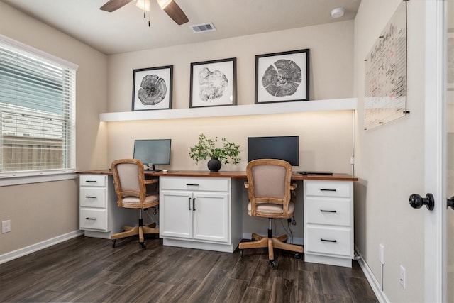 7906 Pershing Ave, Magnolia, TX 77354 - office featuring a ceiling fan, dark wood-type flooring, and built in desk