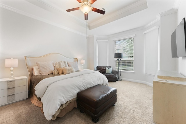 6 Inland Prairie Dr, Tomball, TX 77375 - bedroom featuring light carpet, ornamental molding, a raised ceiling, and ceiling fan