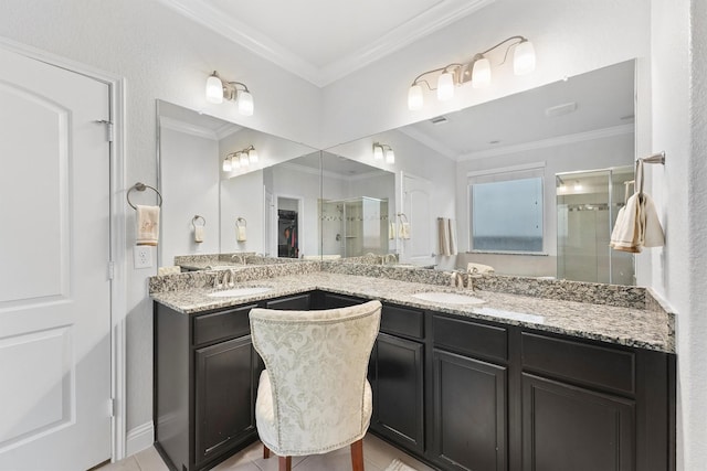 6 Inland Prairie Dr, Tomball, TX 77375 - full bath featuring a shower stall, double vanity, tile patterned floors, and crown molding