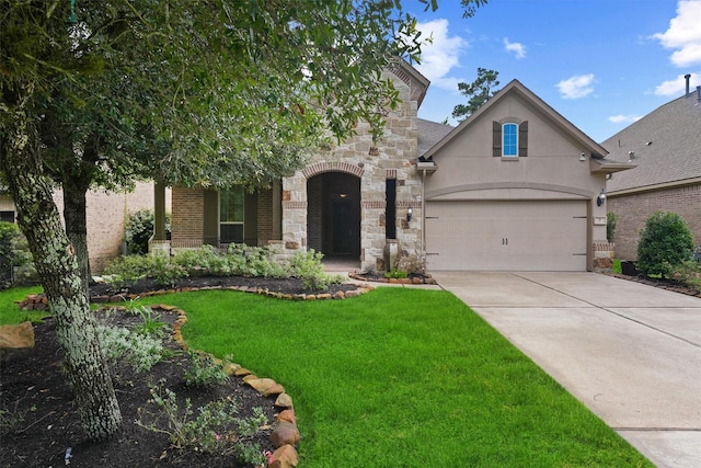6 Inland Prairie Dr, Tomball, TX 77375 - view of front facade with concrete driveway, a front lawn, stone siding, and stucco siding